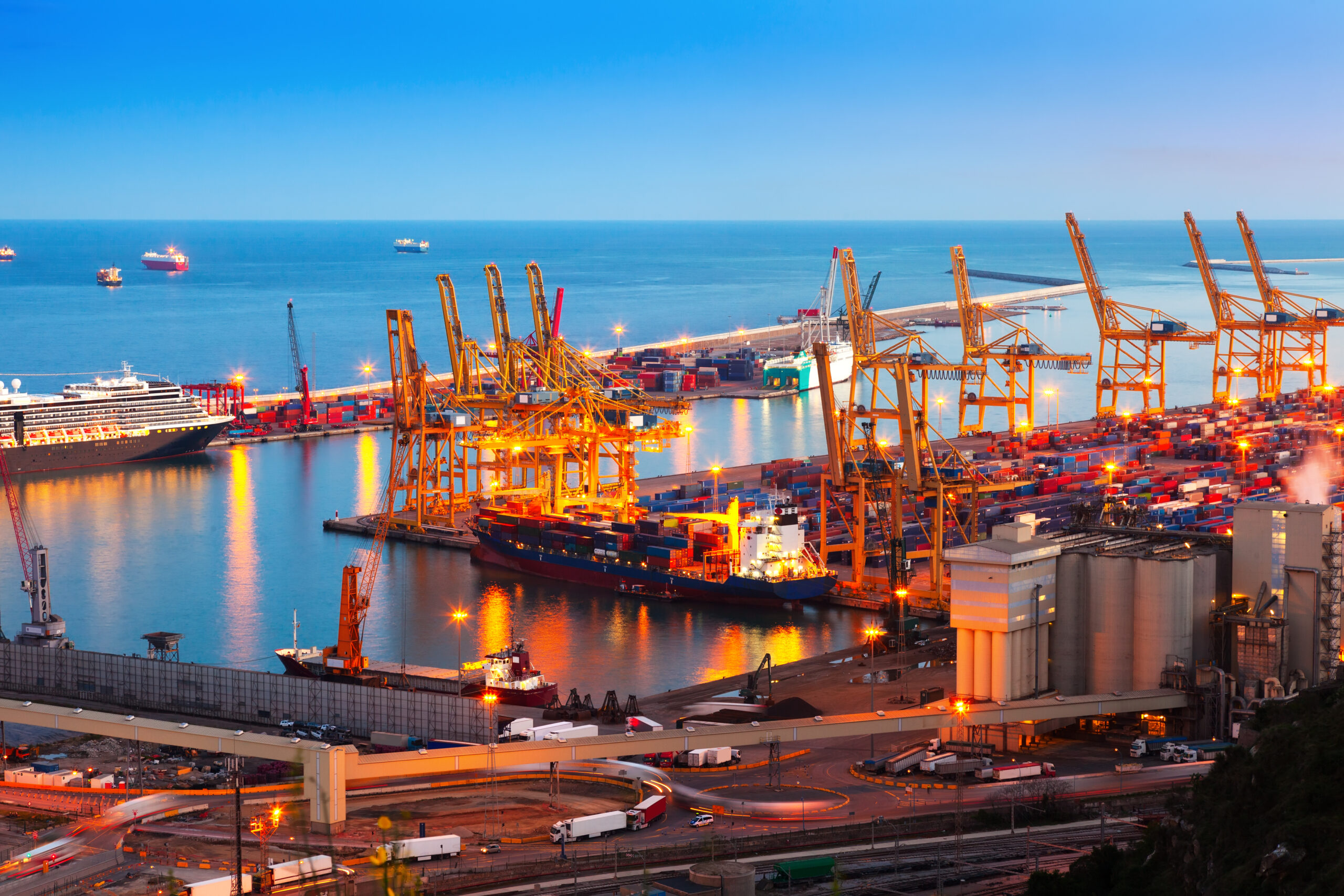 industrial port barcelona in evening scaled