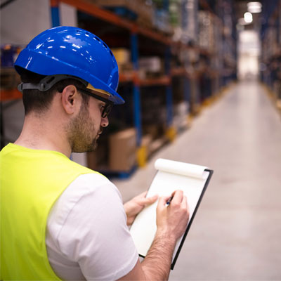 factory worker holding clipboard and checking inventory of warehouse storage department