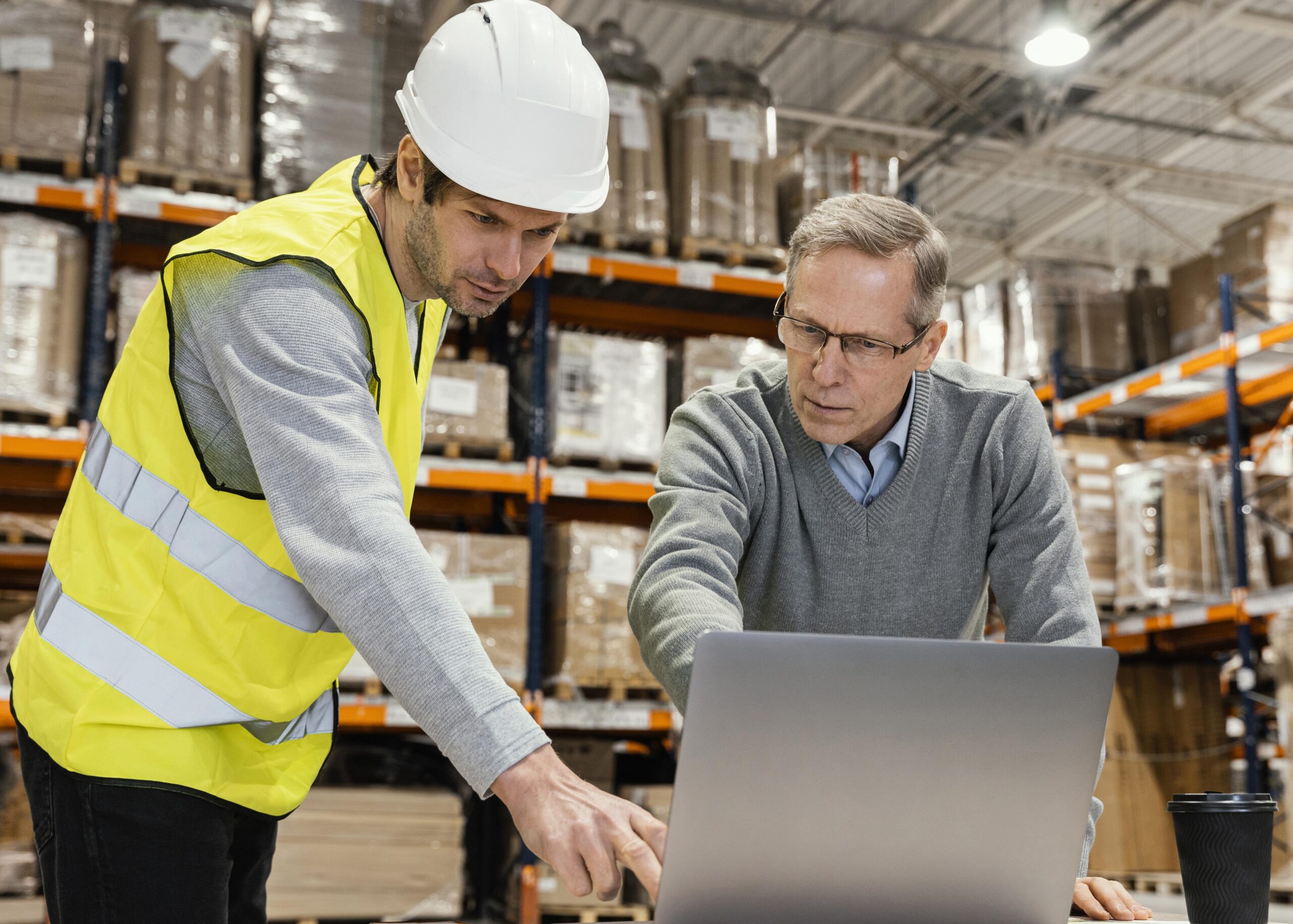 hombres almacen trabajando equipo portatil